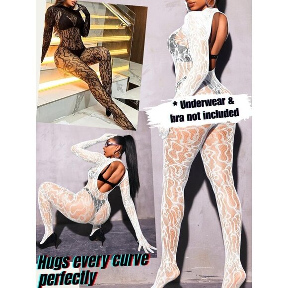 🆕Women White Sexy Fishnet Full Mesh Jumpsuit Body Stockings Halloween Costume - Picture 3 of 7